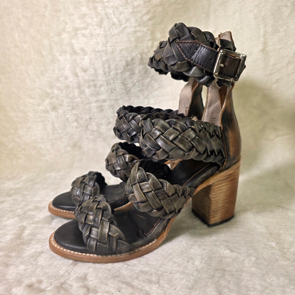 Freebird Bayou Woven Leather Strappy Stacked Heel Sandals Black Women 10 NEW
